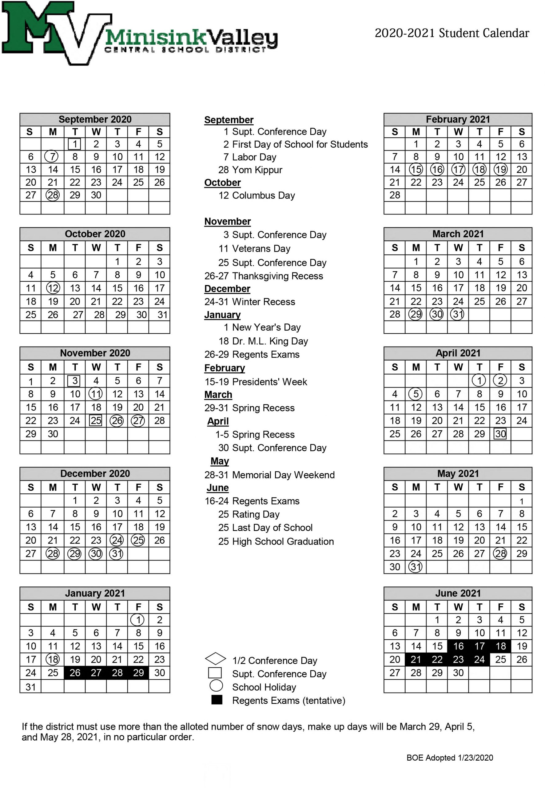 Board of Education adopts 202021 school district calendar Minisink